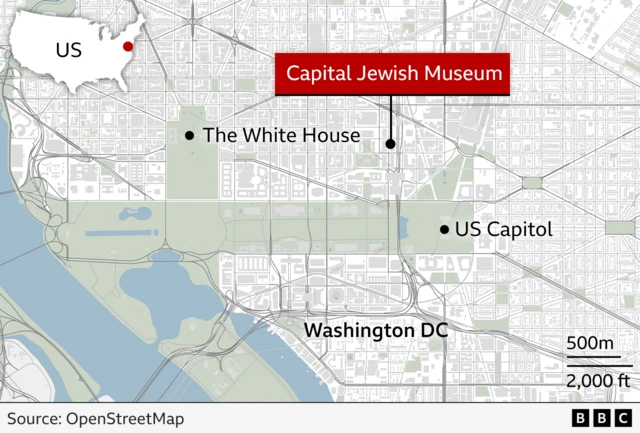 Map showing where in Washington DC Wednesday's shooting took place. Map shows Capital Jewish Museum and how close it is to the White House and Capitol Hill.