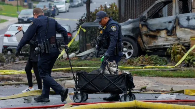 A huskie and a smaller dog in a carrier on wheels lead by police