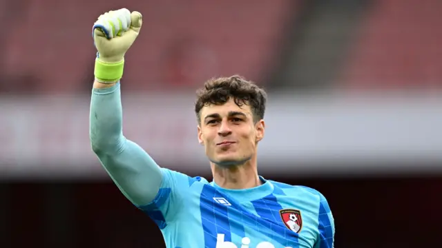 Goalkeeper Kepa Arrizabalaga celebrates after Bournemouth's win at Arsenal