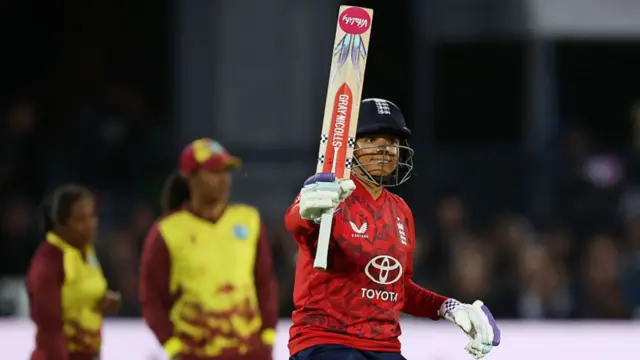 Sophia Dunkley celebrates reaching fifty against West Indies