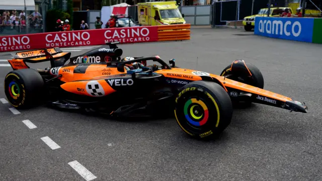 Oscar Piastri's McLaren with a damaged front wing after he crashed in Monaco Grand Prix second practice