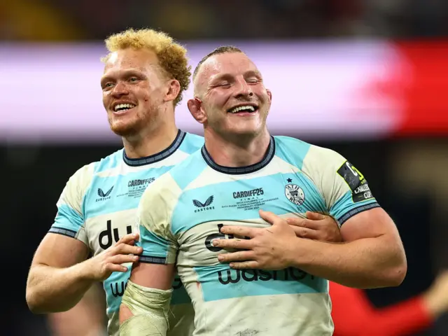 Bath Rugby's Miles Reid and Sam Underhill celebrate after winning the European Challenge Cup