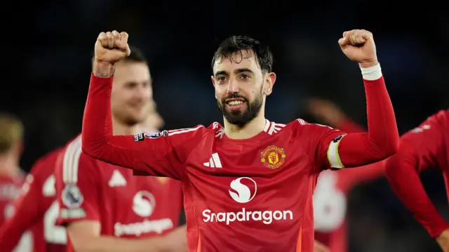Bruno Fernandes celebrates after scoring for Manchester United against Leicester