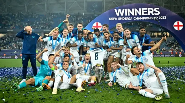 The England team celebrate after their victory in the UEFA Under-21 EURO 2023 Final match between England and Spain at the Batumi Arena