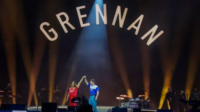 Tom Grennan and Melanie C performing on the main stage during BBC Radio 1's Big Weekend at Sefton Park, Liverpool