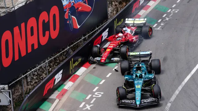Aston Martin's Lance Stroll and Ferrari's Charles Leclerc collide at the hairpin in Monaco