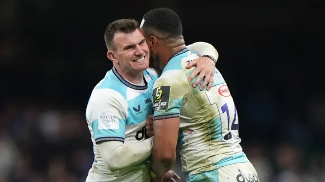 Bath's Ben Spencer (left) and Joe Cokanasiga celebrate at full-time