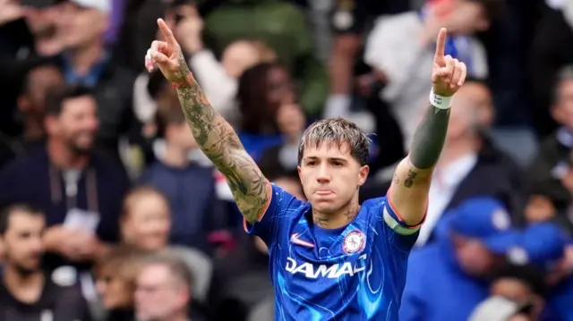 Enzo Fernandez celebrates after scoring for Chelsea