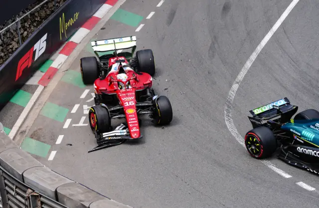 Charles Leclerc has a damaged front wing after colliding with Lance Stroll