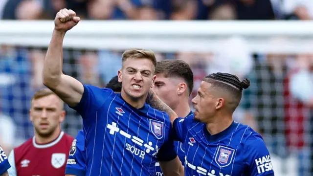 Liam Delap celebrates scoring for Ipswich against West Ham
