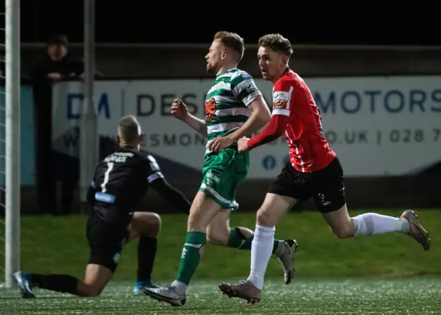 Jamie McGonigle celebrates scoring Derry City's winner against Shamrock Rovers in their last win over the Dublin club at Brandywell.