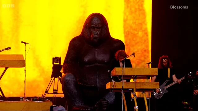 Gorilla statue on stage with Blossoms.