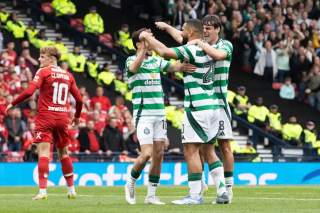 Celtic's Nicolas Kuhn, Cameron Carter-Vickers and Paulo Bernardo celebrate going 1-0 ahead