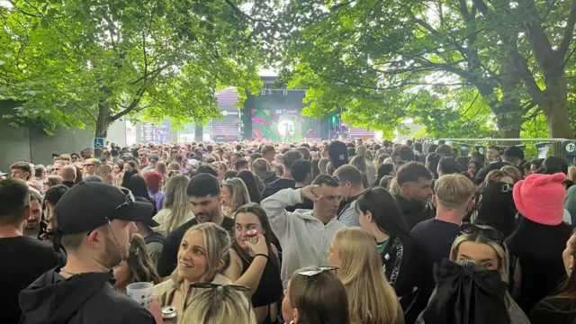 Crowds shelter from the rain under trees