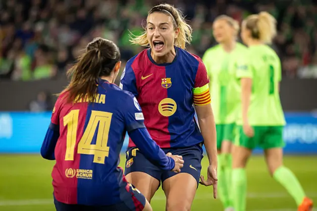 Aitana Bonmati (L) and teammate Alexia Putellas of FC Barcelona celebrate