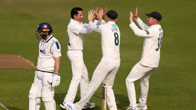Nottinghamshire seamer Mo Abbas celebrates