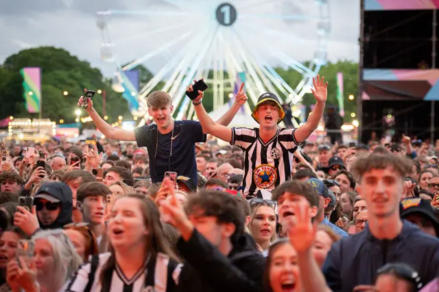 Crowds singing and dancing, looking at stage that is behind the camera. Ferris wheel in background.