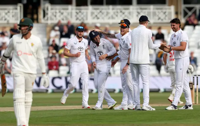 England celebrate Josh Tongue wicket