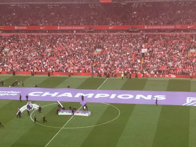 stage being built on the pitch at Anfield
