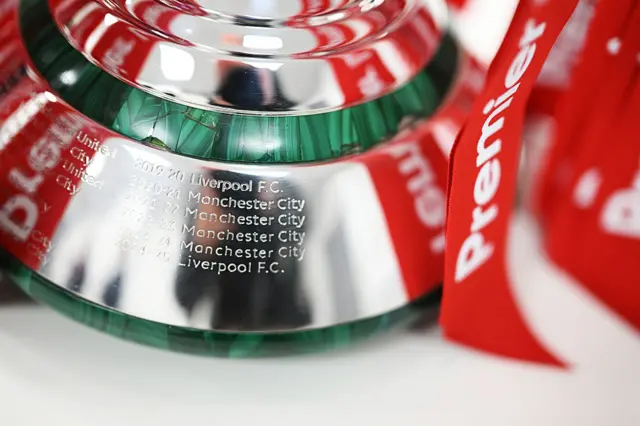 A detailed view of the engraving of "Liverpool F.C." on the base of the Premier League Trophy after the Premier League match between Liverpool FC and Crystal Palace FC at Anfield on May 25, 2025 in Liverpool, England.
