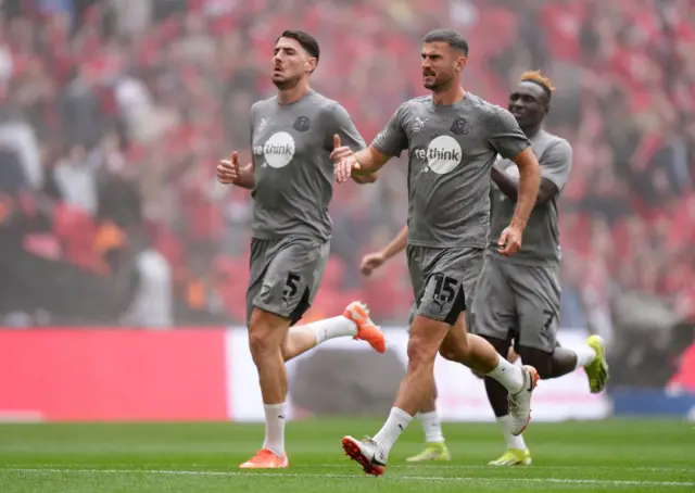 Leyton Orient's Dan Happe, Dominic Ball and Dan Agyei during the warm up