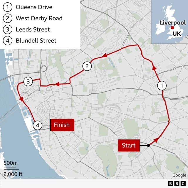 map of the route to be taken by the Liverpool FC Premier League open-top bus victory parade