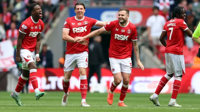 Charlton's players celebrating their goal in the play-off final
