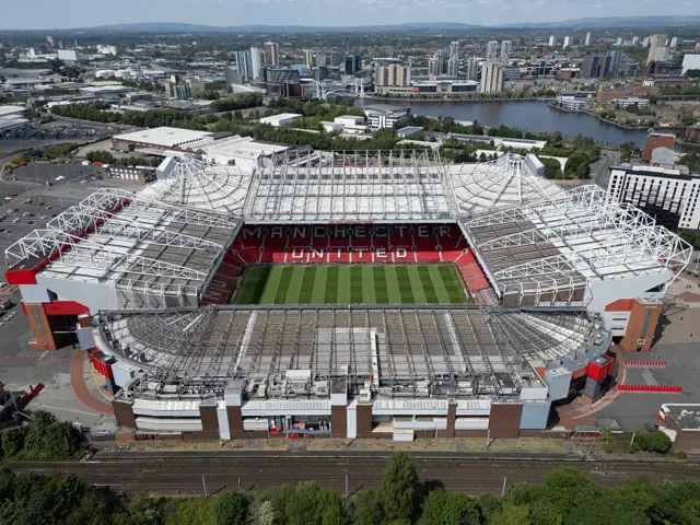 An aerial view shows Old Trafford stadium, home ground of Manchester United Football Club, in Manchester, north west England, on May 23, 2025.