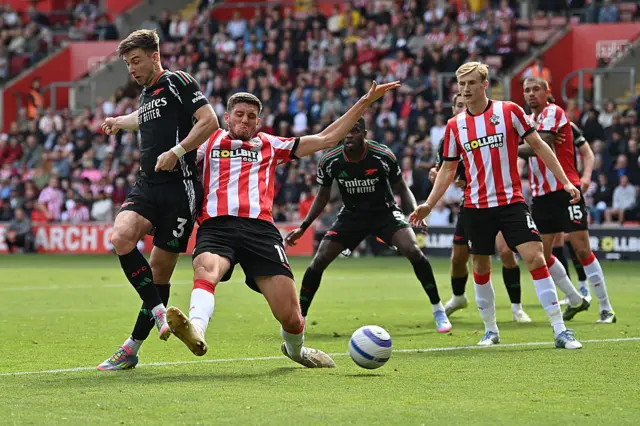 Arsenal's Scottish defender #03 Kieran Tierney (L) scores a goal