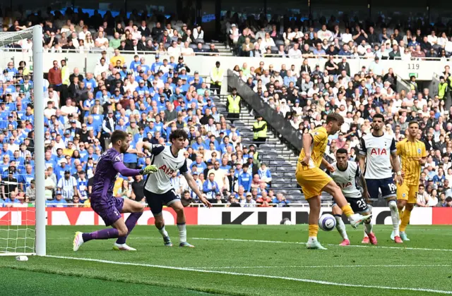 Brighton's English midfielder #41 Jack Hinshelwood back heels the ball to scores the team's second goal