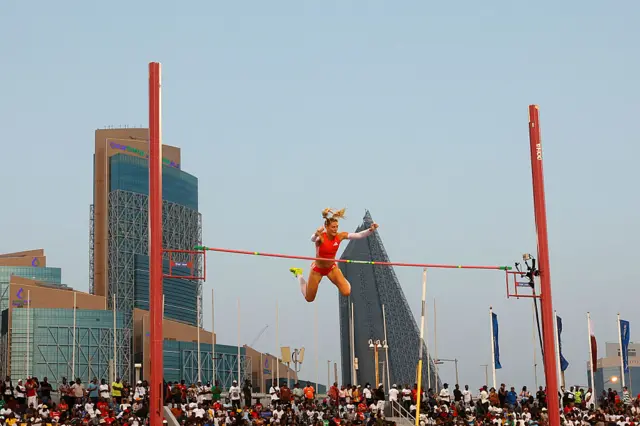 Britain's Molly Caudery competes in the women's Pole Vault final