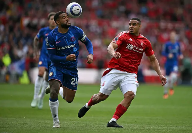 Chelsea's English defender #24 Reece James (L) headers the ball away from the patch of Nottingham Forest's Brazilian defender #05 Murillo