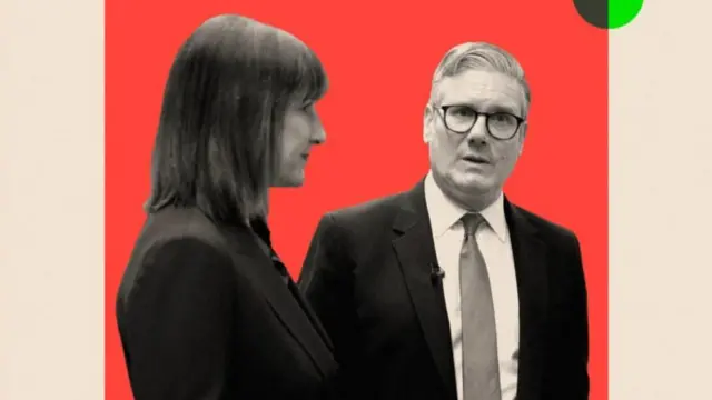 Collated image of Rachel Reeves pictured sideways and Keir Starmer in suits superimposed over a red square