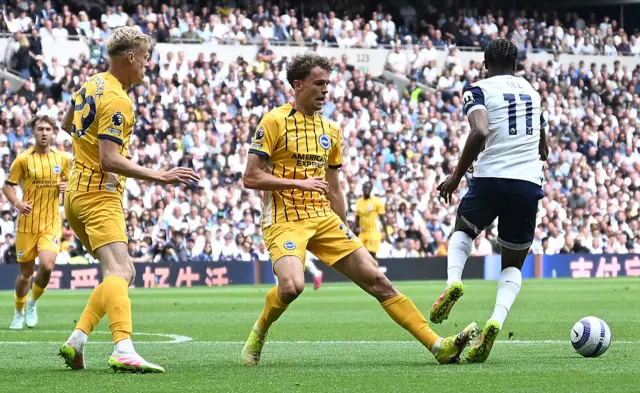 Brighton's Dutch defender #27 Mats Wieffer fouls Tottenham Hotspur's French forward #11 Mathys Tel to concede a penalty