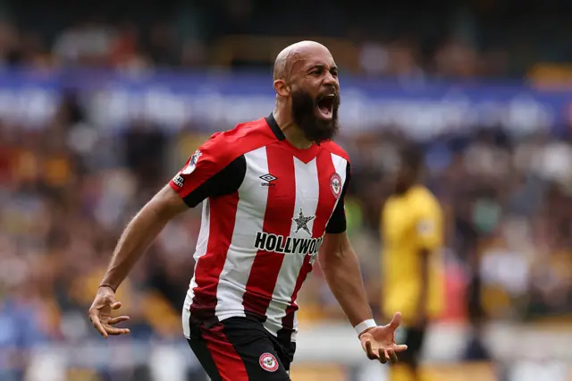 Bryan Mbeumo of Brentford celebrates scoring his team's first goal