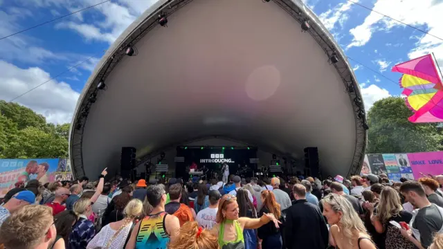 A large crowd assembled near a dome-shaped stage where Fat Dog are performing.