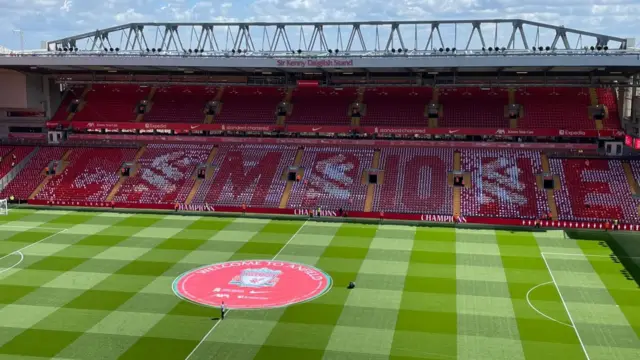 The Anfield pitch on a clear sunny day