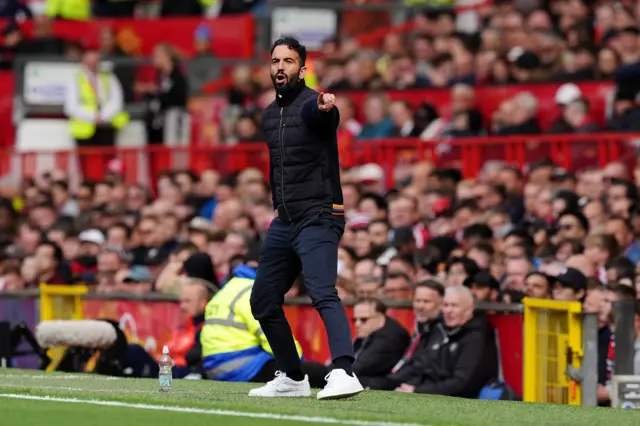 Manchester United manager Ruben Amorim gestures on the touchline