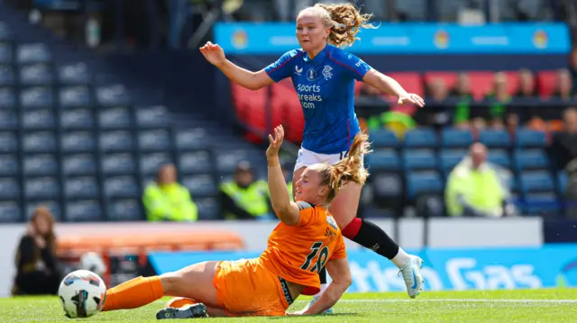 Rangers' Mia McAulay has a shot while Glasgow City's Kimberley Smit