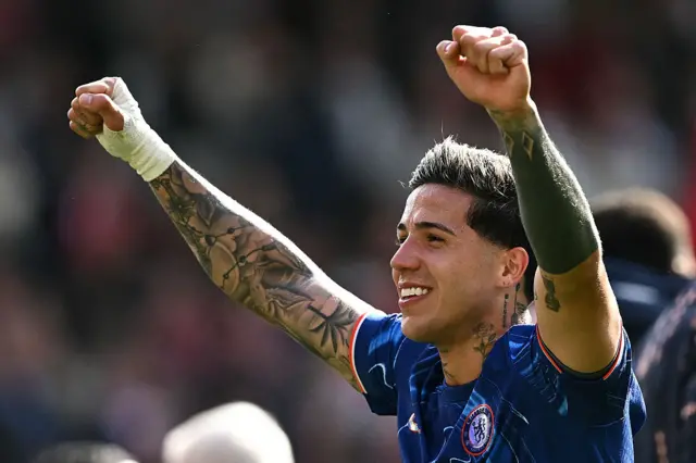 Chelsea's Argentinian midfielder #08 Enzo Fernandez celebrates at the final whistle