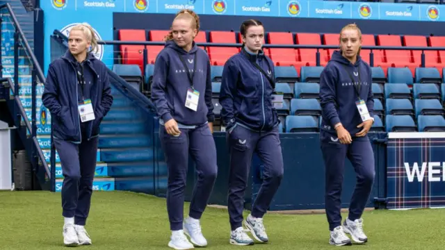 Rangers' Brogan Hay, Mia McAulay, Jodi McLeary, and Kirsty MacLean take in the venue pre-match