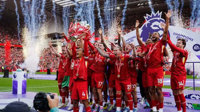 Liverpool's Virgil van Dijk lifts the Premier League trophy with team-mates after the Premier League match at Anfield, Liverpool.