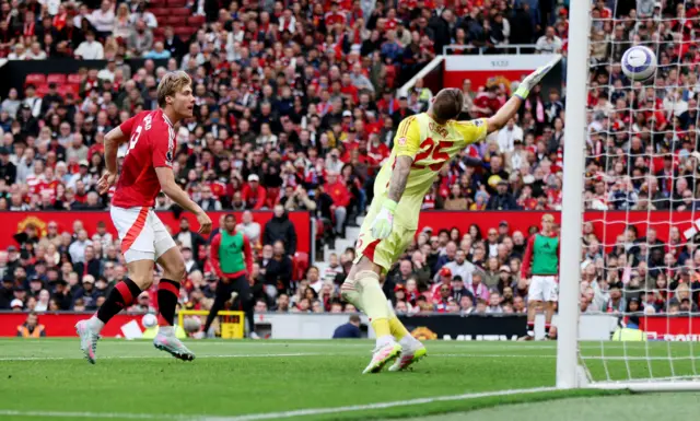Manchester United's Rasmus Hojlund scores a goal that was later disallowed