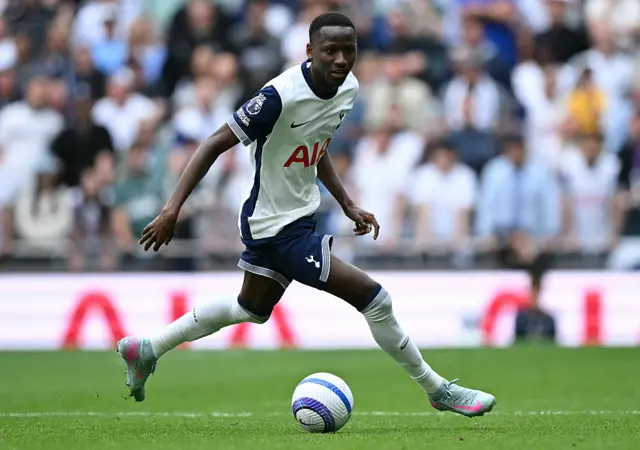 Tottenham Hotspur's Senegalese forward #29 Pape Matar Sarr runs with the ball