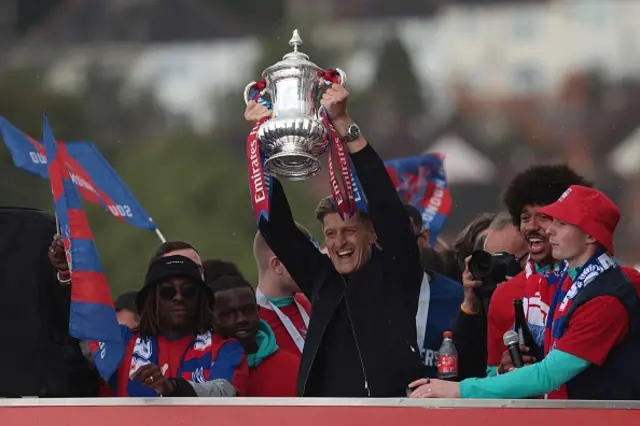 Steve Parish Crystal Palace co owner holds aloft the Emirates FA Cup trophy