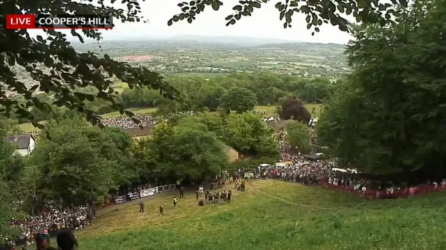Aerial view from top of the hill of Cooper's Hill in Gloucestershire