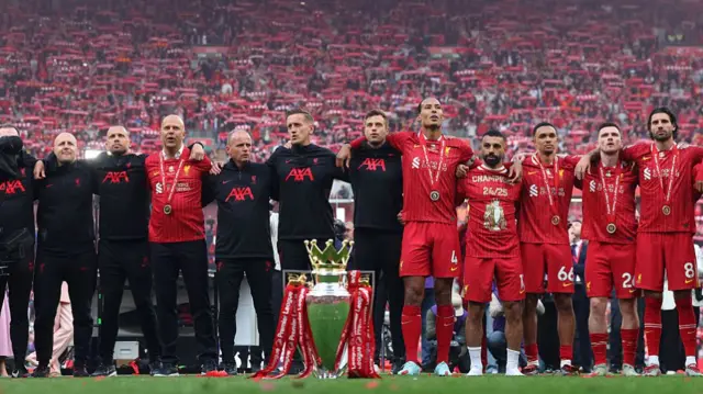Liverpool players line up to celebrate Premier League title win