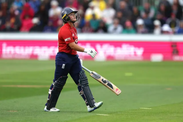 England's Alice Capsey reacts after being caught out by West Indies' Realeanna Grimmond (not pictured) during the Third Women's International T20 match at The Cloud County Ground, Chelmsford