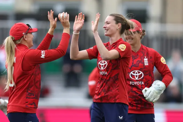 Lauren Bell celebrates a wicket