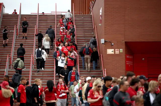 Liverpool fans on steps outside Anfield